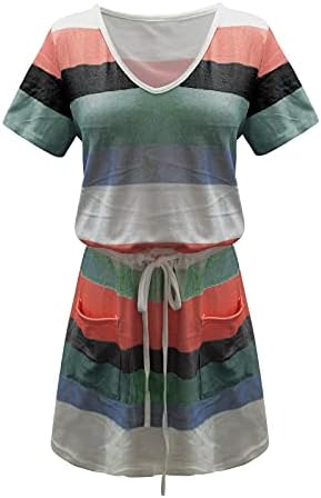 FZYLQY yaz elbisesi Kadınlar için Kısa Kollu Çizgili T Shirt Elbise Rahat Çalışma Ofisi Elbise Kravat Bel Cepler ile