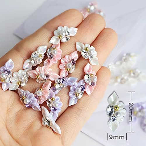Akrilik tırnak için 30 adet 3D çiçek tırnak takılar, inci kristalleri ile tırnak sanat takılar Çiçek tırnak tasarımı tırnak