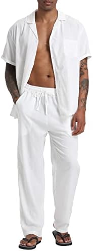 SİENDİU erkek Plaj Giysileri 2 Parça Kıyafetler Setleri Rahat Kısa Kollu Düğme Aşağı Gömlek Yoga Pantolon Tatil Takım Elbise