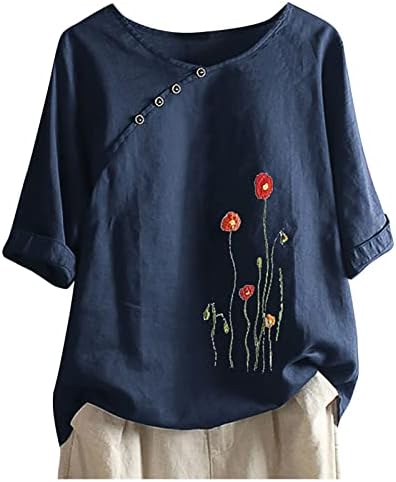 Kadın Düğme Kısa Kollu Crewneck Tee Gömlek Çiçek Desen Baskı Bluzlar T Shirt Gevşek Flowy Bluz Tops Casual Yaz