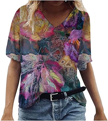 Kadın V Yaka Kısa Kollu Üstleri yazlık gömlek Tees Gömlek Renkli Çiçek Desen Baskı T Shirt Tişört Dökümlü Bluzlar