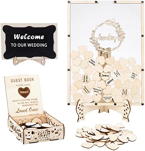 WOKEİSE Rustik Düğün Ziyaretçi Defteri Alternatif, Resim Akrilik Çerçeve İşareti Kitap ile 100 pcs Ahşap Kalp İşaretleri,düğün