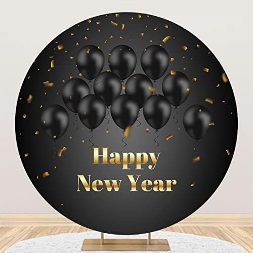 Yeele 7.5x7. 5ft Mutlu Yeni Yıl Yuvarlak Zemin Polyester Siyah Balonlar Altın Şerit Fotoğraf Arka Plan için 2023 Yılbaşı