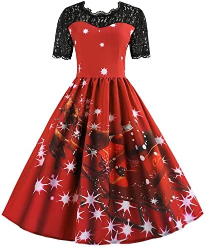 1950'lerin kadın Vintage Noel Elbise Kokteyl Salıncak Parti Elbiseler Kısa Kollu Baskı Dantel Patchwork Flare Elbise