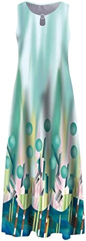 SERYU kadın Yaz Ekip Boyun Kolsuz Bir Çizgi uzun elbise Rahat Baskı Büyük Hem Maxi Elbise Cepler ile