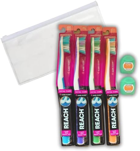 CHEVAUX Diş Fırçası ve Diş İpi Paketi: 4 Reach Total Care Diş İpi Temiz Diş Fırçaları, Fermuarlı Seyahat Çantası ve 2 Acclean