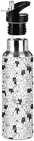 Sevimli Kedi Su Şişesi Termos Hasır Kapaklı çocuklar için Erkek Kız, 600 ml, Sızdırmaz Paslanmaz Çelik spor şişesi Bardak