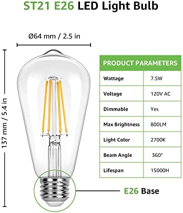 Lepro Dim Edison Ampuller 60 Watt Eşdeğer LED Ampul, Filament Vintage Ampuller, 2700 K Sıcak Beyaz, E26 Orta Taban, ST58