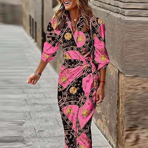 NOKMOPO Bayan Kazak Elbise Sonbahar Moda Baskılı Gömlek Yaka Uzun Kollu Kravat Orta Uzunlukta Elbise Parti Maxi Elbise