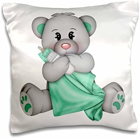 Yeşil Battaniye ve Biberon Resimli 3dRose Sevimli Bebek Ayısı-Yastık Kılıfı (pc_354839_1)