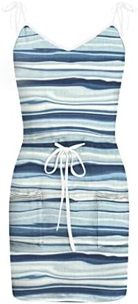 ıQKA Kadın Camiş Elbise Batik Baskı Kısa Mini Plaj Elbiseleri Kolsuz V Boyun Elastik Bel Sundress Cep Vestidos