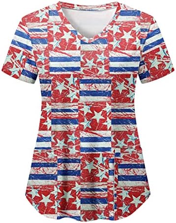 4th Temmuz T-Shirt Kadınlar için Amerikan Bayrağı Yaz Kısa Kollu V Boyun Gömlek 2 Cepler Bluzlar Tatil Rahat İş Giysisi