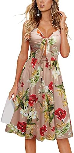Gillberry kadın V Boyun Düğme up Kravat Bel Kolsuz Mini Elbise Casual Kapalı Omuz Flowy Boho Çiçek Önlüklü Elbiseler