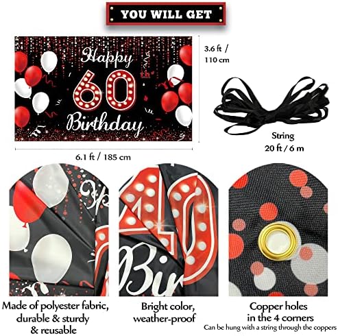 60th Doğum Günü Dekorasyon Afiş Zemin, Kadınlar için Mutlu 60th Doğum Günü Süslemeleri, Kırmızı Siyah Beyaz 60 Yaşında Doğum