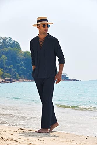 COOFANDY erkek 2 Parça Keten Set Uzun Kollu Henley Gömlek Casual Plaj cepli pantolon Yaz yoga kıyafetleri