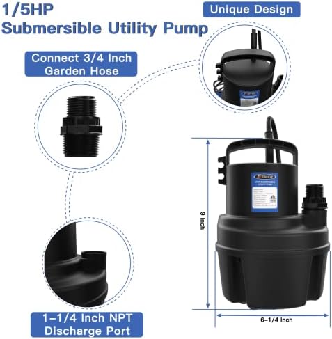 FPOWER 1 / 5HP Dalgıç Yardımcı Pompa Yüksek Akış 1500GPH Hızlı Su Giderme için Ev Drenaj Pompası Ev için
