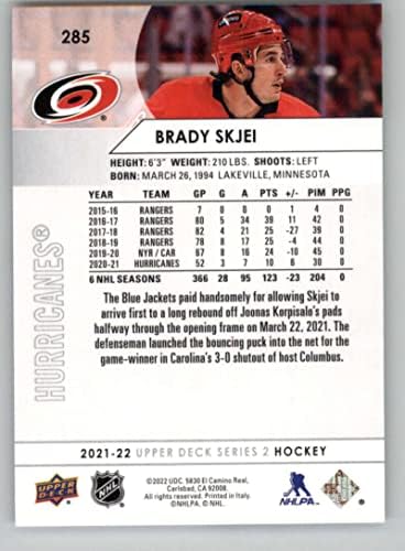 2021-22 Üst Güverte 285 Brady Skjei Carolina Hurricanes Serisi 2 NHL Hokey Ticaret Kartı