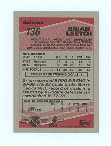 1989-90 Topps 136 Brian Leetch RC Çaylak NY Rangers NHL Hokeyi