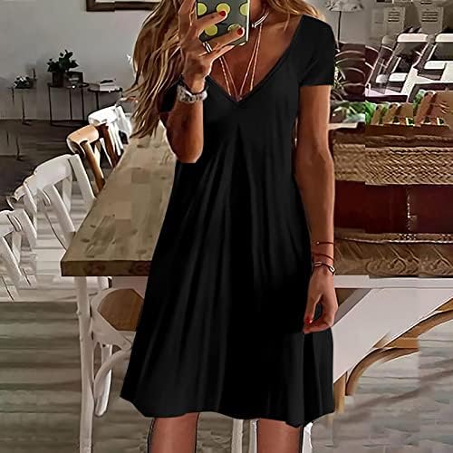 FZYLQY kadın kısa kollu tişört Elbiseler 2023 Yaz Rahat V Boyun Mini Elbise Bohemian Fırfır Önlüklü Bir Çizgi askı elbise