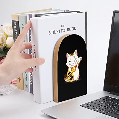 Japon Şanslı Servet Kedi Boyama Ahşap Bookend Dekoratif Kaymaz Kitap Sonu 1 Çift 7x5 İnç