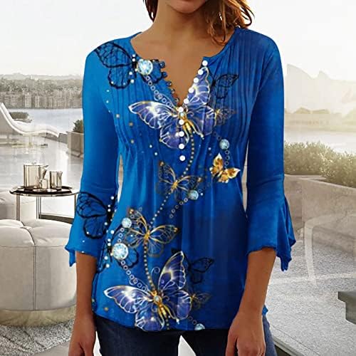 Bayan Üstleri Yaz Hawaii Gömlek Fırfır 3/4 Kollu Casual Bluz Vintage Bohemian Çiçek Baskı Henley güneş gömleği