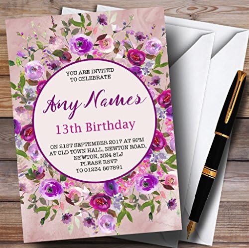 Pembe ve mor suluboya çiçek 13 kişiselleştirilmiş Doğum Günü Partisi davetiyeleri