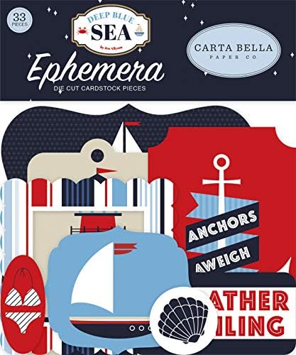 Carta Bella Paper Company Deep Sea ephemera, kırmızı, lacivert, mavi, beyaz