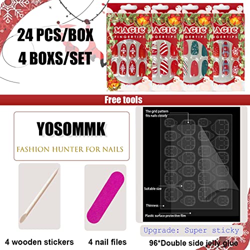 YOSOMMK 96 ADET (4 Paket) Noel Tırnaklara Basın Kar Tanesi Tasarımı ile Orta Badem takma tırnak Tırnaklarda Parlak Sevimli