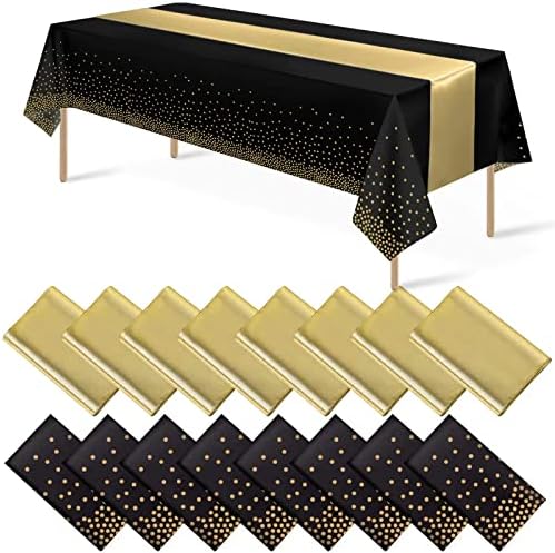 16 Paket Tek Kullanımlık Plastik Masa Örtüleri ve Saten Masa Koşucu Seti Siyah Altın Nokta Masa Örtüsü Mezuniyet için altın