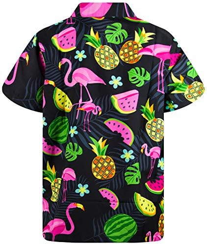 KRAL KAMEHA Funky havai gömleği Erkekler Kısa Kollu Frontpocket Hawaiian Baskı Kavun Flamingo Meyve