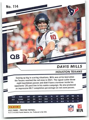 2022 Panini Prestige 114 Davis Mills Houston Texans NFL Futbol Ticaret Kartı