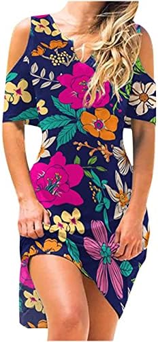 Kadın Zarif Parti Elbise Çiçek Baskılı V Boyun Kısa Kollu Elbiseler Hollow Out Gömme Midi Uzunluğu Elbise Yaz için