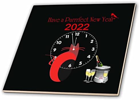 Kırmızı Kedi Siyah Beyaz Saat Şampanya Ve Yeni Yıl 3dRose Görüntü - Fayans (ct_350838_1)