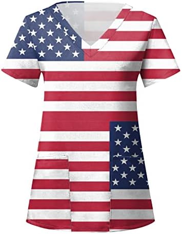 4th Temmuz Gömlek Kadınlar için Abd Bayrağı Yaz Kısa Kollu V Boyun T Shirt 2 Cepler Bluzlar Tatil Rahat İş Giysisi