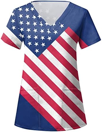 4th Temmuz Gömlek Kadınlar için Abd Bayrağı Yaz Kısa Kollu V Boyun T Shirt 2 Cepler Bluzlar Tatil Rahat İş Giysisi