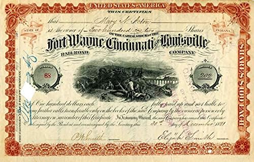 Fort Wayne, Cincinnati ve Louisville Demiryolu A. Ş. Elijah Smith tarafından imzalandı - Stok Sertifikası
