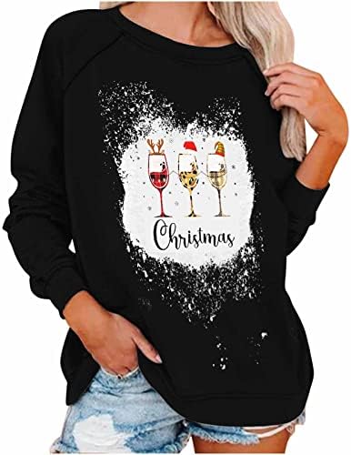Kadınlar için kazak Vintage Noel Gömlek Uzun Kollu bisiklet yaka kazak Komik Viski şarap bardakları grafikli tişört