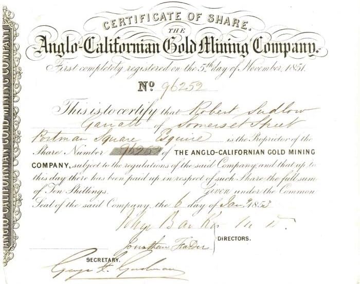 Anglo-Kaliforniya Altın Madenciliği Ortak-Son Derece Erken Tarihli Hisse Senedi Sertifikası