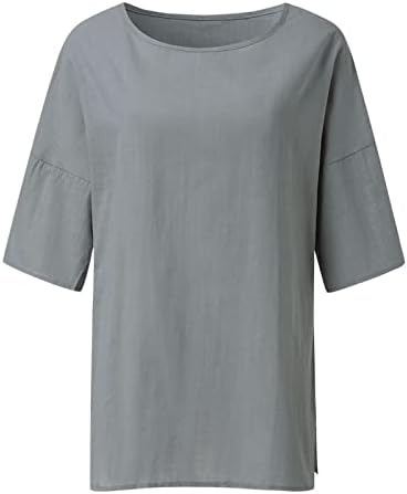 Kadın Yaz 3 4 Kollu Ekip Boyun Düz Renk Gevşek Üst T Shirt Rahat Keten Tunik Günlük Tee Bluz