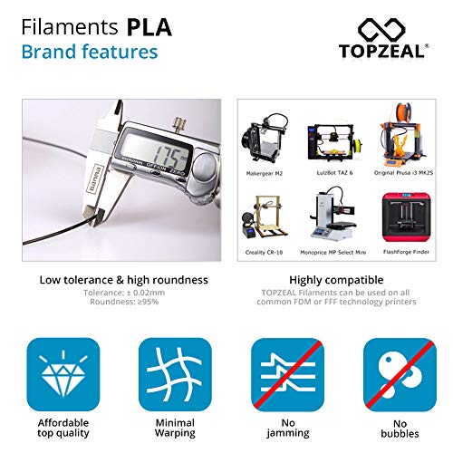 TOPZEAL 3D Yazıcı Filament, Şeffaf Serisi Renk PLA Filament 1.75 mm, Boyutsal Doğruluk + / -0.02 mm, 1 KG Biriktirme için
