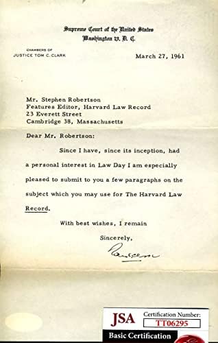 Tom Clark JSA Coa El İmzalı 1961 Yüksek Mahkeme Mektubu İmzası