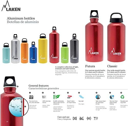 Laken Futura Alüminyum Şişe Metal Su Şişeleri-Çeşitli Boyutlarda / Dar Ağızlı, Döngülü vidalı Kapak-Sızdırmaz, BPA İçermez,