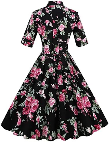 Kadın Gömlek Elbiseler 1950s Retro Rockabilly Çiçek askı elbise Düğme Yaka Kısa Kollu Vintage Parti takım kıyafet